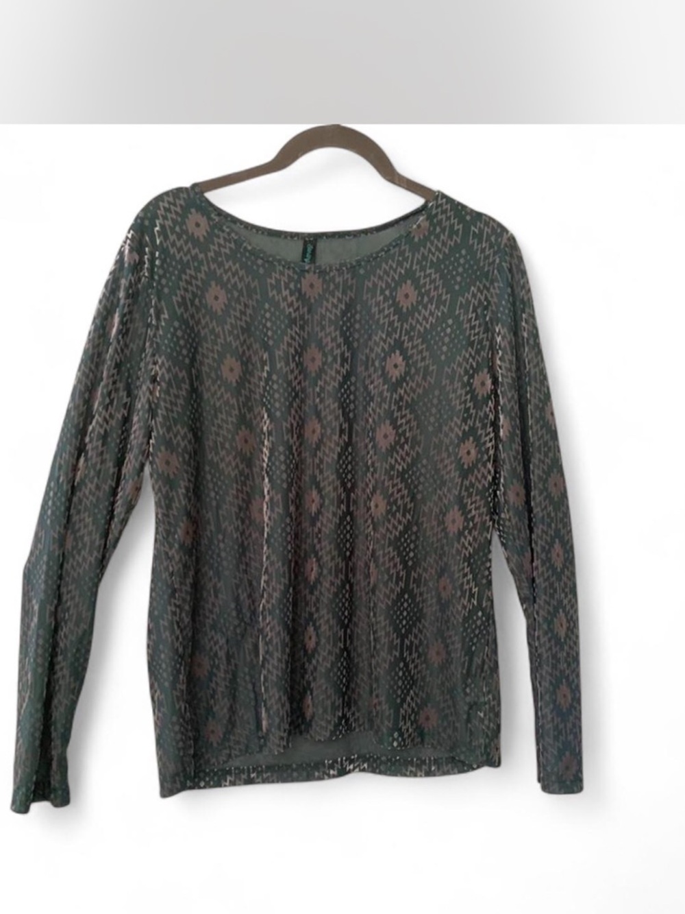 Boho coquette Women's Green Patterned blouse with Subtle gold  Accents L